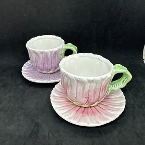 Paar Vintage Bombay Company Flower Teetassen und Untertassen 1994 rosa und lila - Bild 1 von 17