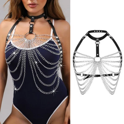 Arnés corporal de cuero para mujer cadena sujetador gótico correa cinturón lencería bondage⇓ Foto 1 de 4