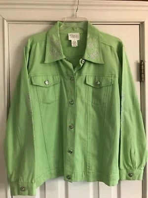 Fashion Bug Women's Jean Jacket Size L Green w/Silver Butterfly & Flowers Design - Image 1 of 4