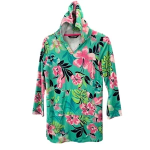 Lands End Terry Coverup M 10-12 Floral Tropical Swim Beach Pool Green Pink Girls - Picture 1 of 5