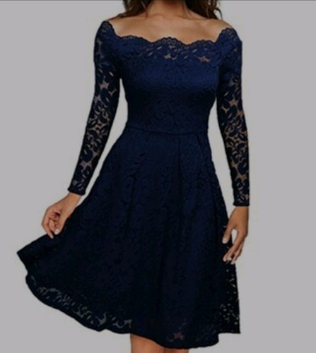 Nuovo abito da donna in pizzo Leo Rosi Celine manica lunga blu reale taglia media