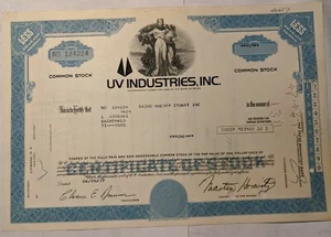 UV Industries Inc 1 share Stock Certificate 1977 (E-4) - Picture 1 of 2