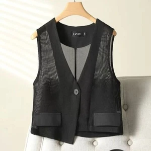 Women Mesh Vest V-neck Waistcoat Sheer Tank Tops Summer Slim Sleeveless Jacket - Picture 1 of 16