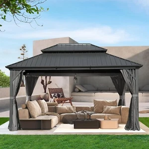 SHPAI 12’x14’ Outdoor Aluminum Hardtop Gazebo,w/ Curtains and Netting,Dark Grey - Picture 1 of 8