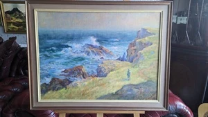 Superb Oil Painting Welsh/English School Shoreline Landscape With Vawes Splashin - Foto 1 di 9
