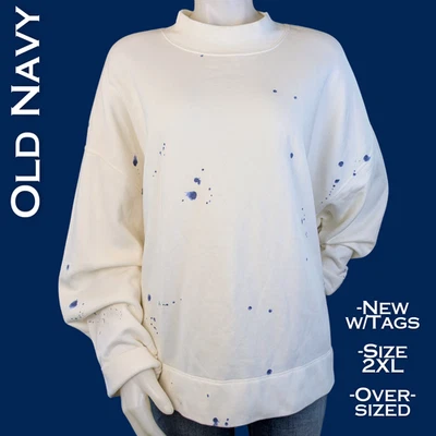 NUEVA Sudadera Antigua Azul Marino Para Mujer Talla 2X Azul Crema Salpicaduras de Tinta Gran Tamaño Cómoda Foto 1 de 4