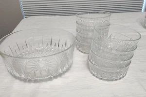 VTG Arcoroc France 1 Large Glass Salad Bowl 8 Small Salad Bowl Starburst Diamond - Picture 1 of 11