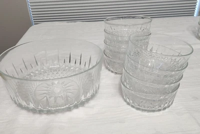 VTG Arcoroc France 1 Large Glass Salad Bowl 8 Small Salad Bowl Starburst Diamond - Image 1 of 4