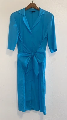 Lafayette 148 New York Shirt Dress Zip Front Tie Waist Turquoise Blue Size 8 - Image 1 of 4