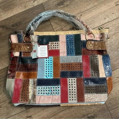 ¡NUEVO CON ETIQUETAS! Bolso de Mano Chaos by Elsie de Cuero, Edredón Patchwork, Caimán Repujado, Grande Foto 1 de 4