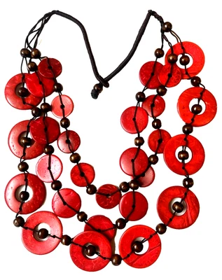 Collar Grande Grueso Tribal Boho Multi Madera Concha Cuentas Rojo Marrón 16 Foto 1 de 3