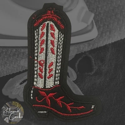 Cowboy Boot in Black and Red Detailed Iron On Patch Applique Embellishment - Image 1 of 2