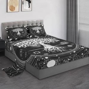 Queen Size Bed Sheet Sets, Black Gothic Tree of Life Soft Microfiber 4 Pcs Be... - Picture 1 of 7