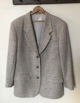 复古 Liz Claiborne 尺寸 14 米色羊毛混纺粗花呢人字形衬里 3 按钮西装外套 — 第 1/4 张图片