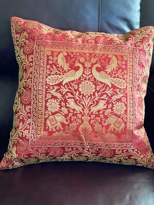 Red Pillow Cover Silk Cushion Cover Brocade 17 Inch Pillow Elephant Pillow Gift - Image 1 of 2