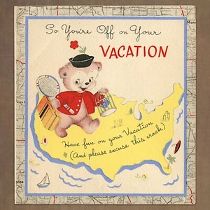 Unused Vintage 1950s Volland VACATION TRAVEL Card, Anthropomorphic Bear America - Picture 1 of 6