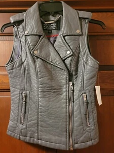 NWT Blanc Noir Grey Faux Leather Moto Vest Jacket Women’s Small Zip Front Biker - Picture 1 of 5