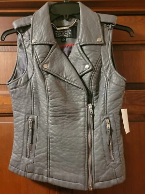 NWT Blanc Noir Grey Faux Leather Moto Vest Jacket Women’s Small Zip Front Biker - Image 1 of 4