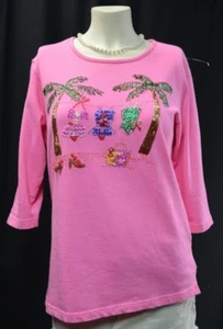 Quacker Factory pink knit top Beaded beach tropical stretch tee blouse 3/4 slv M - Picture 1 of 7