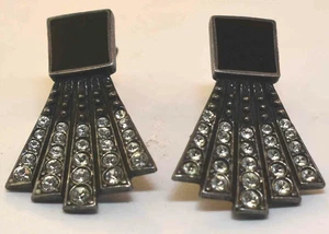 STERLING SILVER ART DECO BLACK ONYX CUBIC ZIRCONIA (Simulated) FAN EARRINGS - Picture 1 of 3