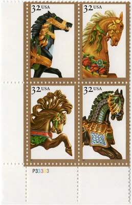 Scott #2979a (2976-2979) Carousel Horses Plate Block of 4 Stamps - MNH LL - Image 1 of 2
