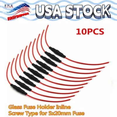 10 peças suporte de fusível preto vermelho em linha tubo de fusível de fio de vidro 20AWG 5x20mm novo - Imagem 1 de 4