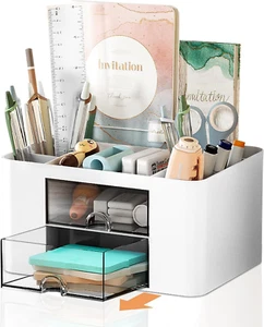 Desk Organizer with 2 Drawers and 5 Compartments, Cute Pencil Holder for Office - Picture 1 of 7