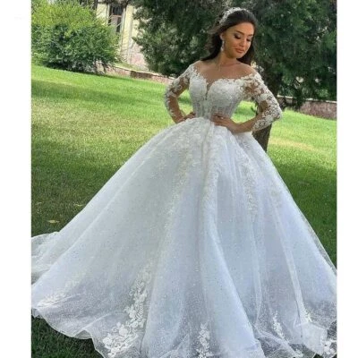 Princess Wedding Dresses O-Neck Lace Appliqus Beaded Sequin Long Sleeves Gowns - Image 1 of 4