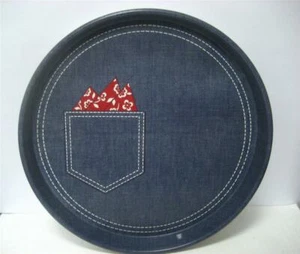 Vtg Metal Tray Faux Denim Jeans Red Bandanna Round Cocktail Picnic Bar Cheinco - Picture 1 of 12