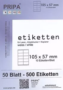 500 Etiketten 105x57mm auf 50 Blatt A4 Tinte/Laserdrucker/Kopierer selbstklebend - Bild 1 von 1