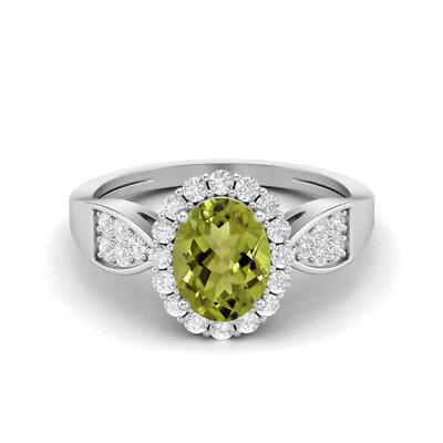 Oval Peridot 925 Sterling Silver Solitaire Accents With Side Stone Women Ring - Image 1 of 4