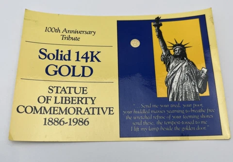1986 SOLID 14K STATUE OF LIBERTY COMMEMORATIVE 100TH ANNIVERSARY COIN W/ COA Cover