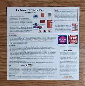 The Game Of Life Twist & Turns Quick Rules Card Only Replacement parts toy kids - Picture 1 of 2