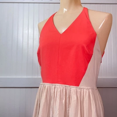 Sexy Maxi Vestido Tibi New York Colorblock Halter Seda Coral Rosa Beige Espalda Abierta Foto 1 de 4