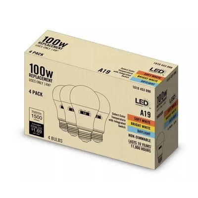 4-Pack 100-Watt Equivalent A19 LED Light Bulb Select Color Temperature Non Dim - Image 1 of 4