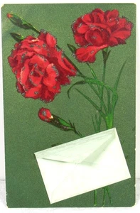 Vintage Glitzer rote Nelken Aprilscherz Postkarte mit Umschlag - Bild 1 von 4
