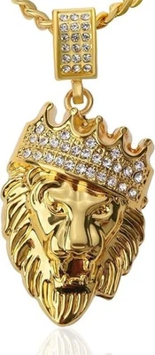 Colgante Leo Cabeza de León Coronada Circonita Helada Tono Oro 14k + Collar Cadena Cuerda 24" Foto 1 de 4
