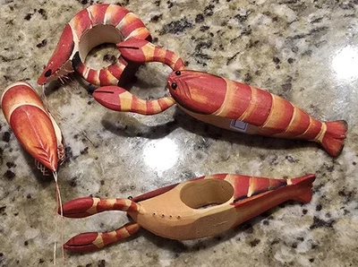 4 - Juego de soportes de anillo de servilleta de camarón langosta cangrejo cocinado de mariscos de colección madera Foto 1 de 4