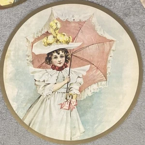 Vintage Victorian Theme Prints 9" Round Little Girl With Umbrella 23td - Picture 1 of 2