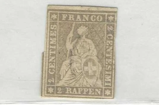 SWITZERLAND 1868 2R GRAY THICK PAPER ROUGH IMPERSSION ONE GREEN SILK THREAD - Image 1 of 2