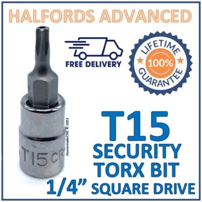 Halfords Advanced T15 Security Torx Bit with 1/4" Square Drive Adapter -Free P&P - Image 1 of 4