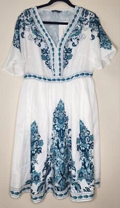 NWT Women's Bandana Print Ruffle Sleeve V Neck Pocket Knee Dress-Emerald-Size 10 - Picture 1 of 14