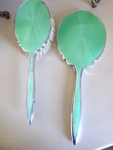 Art Deco grüner Guilloch & versilberter Handspiegel & Haarbürste - Bild 1 von 11