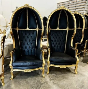 Balloon Chair French Style Black Leather High-Back Canopy Lacquer Chair - Picture 1 of 8