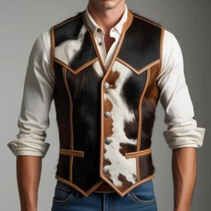 Men's Cowhide Natural Leather Vest Handmade Hair On Fur Western Cowboy Waistcoat - Picture 1 of 3
