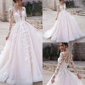 Elegante A-Linie Brautkleider U-Ausschnitt Langarm Spitze Applikation Brautkleid - Bild 1 von 7