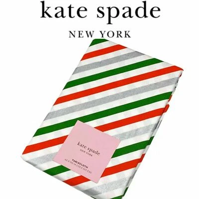 NWT Kate Spade New York Silver Green Red Diagonal Stripe Tablecloth 70" Rnd - Image 1 of 4
