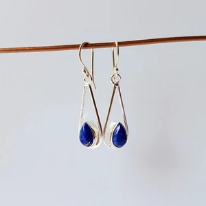 Lapis Lazuli Gemstone Handmade 925 Sterling Silver Earrings Jewelry 1.49" - Picture 1 of 6