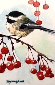 ACEO ORIGINAL BIRD CHICKADEE BERRY PRINT 2/25 LE NEW - Picture 1 of 2