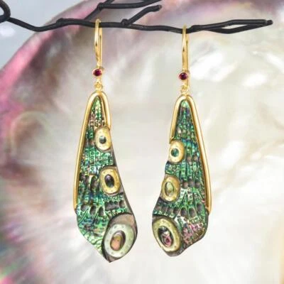 Dragonfly Wing Earrings Abalone Carving Gold Vermeil Sterling Silver Ruby 6.25 g - Image 1 of 4